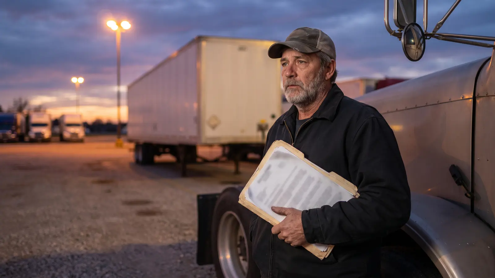 File a freight broker complaint Owner-operator standing beside his semi truck at dusk holding a folder of unpaid load paperwork
