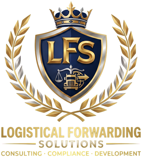 Logistical Forwarding Solutions Logistical Forwarding Solutions logo: crowned navy shield with gold LFS, laurel and the company name